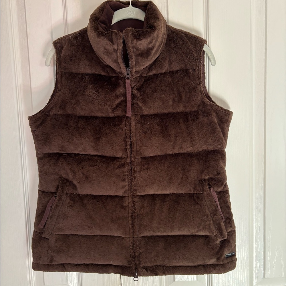 Athleta Brown Faux Fur Goose Down Puffer Vest, Size M